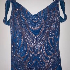 Jump Elegant Blue Midi Dress with Sparkling Silver Accents